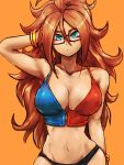  1girl adapted_costume android_21 black-framed_eyewear black_bikini_bottom blue_eyes bracelet breasts brown_hair cleavage closed_mouth collarbone commentary_request curly_hair dragon_ball dragon_ball_fighterz earrings expressionless glasses hand_up hoop_earrings jewelry long_hair looking_at_viewer medium_breasts navel orange_background solo st62svnexilf2p9 swimsuit 