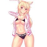  1girl animal_ear_fluff animal_ears ass_visible_through_thighs bikini bikini_pull black_bikini blonde_hair blush bow breasts cat_ears collarbone commentary english_commentary eyebrows_visible_through_hair fast-runner-2024 frilled_bikini frills highres jacket large_breasts legs_apart long_hair looking_at_viewer navel open_clothes open_jacket original patreon_username pulled_by_self red_eyes slit_pupils smile solo standing swimsuit tiffy watermark web_address white_background 