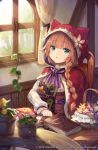  1girl :o animal_ears animal_hood basket blue_eyes blush book braid brown_hair center_frills chair character_request cloak commentary_request curtains fake_animal_ears flower frills grimms_echoes hood hood_up hooded_cloak indoors long_hair looking_at_viewer object_hug on_chair parted_lips pink_flower red_cloak roll_okashi shirt side_braid single_braid sitting solo table white_shirt window 