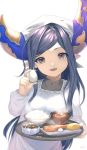  1girl apron arulumaya bangs black_hair brown_eyes egg eyebrows_visible_through_hair food granblue_fantasy harvin head_scarf holding holding_tray horns kappougi long_hair looking_at_viewer matsuki_tou mole mole_under_eye open_mouth pointy_ears simple_background smile solo swept_bangs tenugui tray very_long_hair white_apron white_background 
