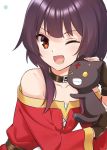  1girl black_hair blush cat chomusuke fingerless_gloves gloves kono_subarashii_sekai_ni_shukufuku_wo! looking_at_viewer megumin misu_kasumi one_eye_closed red_eyes short_hair smile solo towel 