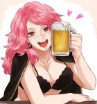  1girl alcohol bad_id bad_pixiv_id beer beer_mug black_clover blush bra breasts cleavage cup heart long_hair mug open_mouth pink_hair purple_eyes simple_background smile underwear vanessa_enoteca white_background yoshitaro_(almendra) 