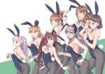  6+girls :d animal_ears aquila_(kantai_collection) bangs bare_shoulders blonde_hair blue_leotard blunt_bangs blush braid breasts brown_eyes brown_hair bunny_ears bunny_tail cleavage detached_collar eyebrows_visible_through_hair fake_animal_ears fake_tail fang french_braid glasses green_eyes grey_hair grey_legwear hair_between_eyes hair_ornament hair_ribbon hairclip hand_up high_ponytail highres italia_(kantai_collection) italian_flag_neckwear kantai_collection large_breasts leotard leotard_tug libeccio_(kantai_collection) littorio_(kantai_collection) long_hair looking_at_viewer maestrale_(kantai_collection) medium_breasts multiple_girls nenchi one_side_up open_mouth orange_hair pantyhose pince-nez pola_(kantai_collection) ponytail ribbon roma_(kantai_collection) short_hair sidelocks silver_hair small_breasts smile tail twintails wavy_hair white_ribbon wrist_cuffs yellow_eyes zara_(kantai_collection) 
