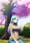  absurd_res asian_mythology blush breasts cherry_blossom clothed clothing demon east_asian_mythology female green_hair hair hi_res horn humanoid japanese_mythology mythology not_furry oni pants plant pointy_ears shot_glass sitting smile solo sweater topwear tree yōkai 緒左名 