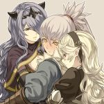  1boy 2girls blush camilla_(fire_emblem_if) eyebrows_visible_through_hair female_my_unit_(fire_emblem_if) fire_emblem fire_emblem_if girl_sandwich hair_over_one_eye hairband hug hug_from_behind long_hair looking_at_viewer mooncanopy multiple_girls my_unit_(fire_emblem_if) nintendo pointy_ears purple_eyes purple_hair red_eyes sandwiched silver_hair simple_background smile takumi_(fire_emblem_if) tiara upper_body 