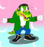  anthro bubble chain chaotix clothed clothing crocodile crocodilian crocodylid fully_clothed grin happy headphones hi_res jollyville male open_maw reptile scalie simple_background smile sonic_(series) teeth vector_the_crocodile 