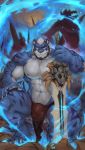  4_toes 5_fingers abs absurd_res anthro biceps black_nose blue_eyes blue_fur bulge claws clothing countershading crotch_tuft digital_media_(artwork) facial_hair felid fire full-length_portrait fur hand_on_knee hi_res holding_object holding_sword holding_weapon kneeling loincloth looking_at_viewer male mammal melee_weapon multicolored_fur muscular muscular_male navel nipples pantherine pecs portrait renoky smile solo sword teeth tiger toes weapon white_countershading 