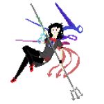  1girl 8-bit asymmetrical_wings black_dress black_hair black_legwear blue_wings bow bowtie dress houjuu_nue pitchfork polearm red_bow red_eyes red_footwear red_wings shoe_bow shoes short_hair solo thighhighs touhou trident weapon wings 