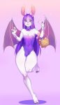  absurd_res basket blush bow_tie bulge bunny_costume chiropteran clothed clothing costume cuffs_(disambiguation) easter egg feet girly hair helmed_(character) hi_res holidays long_hair male mammal purple_hair solo thick_thighs tight_clothing wings yuukari-nee 