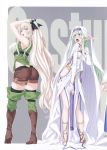  10s 2girls absurdres asymmetrical_clothes blindfold blonde_hair blush boots bow breasts character_name cloak cropped elf erect_nipples full_body gloves goblin_slayer! green_eyes green_hair green_legwear habit hair_between_eyes hair_bow high_elf_archer_(goblin_slayer!) high_heels highres holding kannatsuki_noboru large_breasts long_hair long_sleeves looking_at_viewer multiple_girls nail_polish novel_illustration official_art open_mouth pointy_ears shiny shiny_hair shorts sideboob sidelocks small_breasts solo staff standing sword_maiden thighhighs tongue 