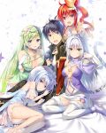  1boy 4girls :d ahoge animal_ears bangs black_hair blue_eyes bracelet braid breasts bridal_gauntlets cleavage crown_braid detached_sleeves emeraude_(watashitachi_to_issho_nara_sekai_saikyou_ikechaimasu_yo?) eyebrows_visible_through_hair fur-trimmed_legwear fur_trim gloves green_eyes green_hair hair_between_eyes hair_intakes hair_ornament hand_on_another&#039;s_head jewelry lapis_(watashitachi_to_issho_nara_sekai_saikyou_ikechaimasu_yo?) large_breasts long_hair long_sleeves looking_at_viewer lying medium_breasts midriff miniskirt multiple_girls navel navel_cutout necklace official_art on_side open_mouth oryou pumps purple_eyes red_eyes red_hair reina_(watashitachi_to_issho_nara_sekai_saikyou_ikechaimasu_yo?) rubis_(watashitachi_to_issho_nara_sekai_saikyou_ikechaimasu_yo?) shiny shiny_hair short_hair side_ponytail silver_hair skirt smile stomach swept_bangs tail thighhighs tiger_ears tiger_tail very_long_hair watashitachi_to_issho_nara_sekai_saikyou_ikechaimasu_yo? white_background white_gloves white_legwear white_skirt white_sleeves yellow_eyes 