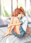  1girl absurdres blurry brown_hair curtains day depth_of_field full_body gui_qi_zhu_dmc head_rest highres indoors leg_hug legs long_hair looking_at_viewer on_bed open_window red_eyes school_uniform serafuku smile solo thighs twintails ueno-san_wa_bukiyou ueno_(ueno-san_wa_bukiyou) very_long_hair window 