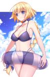 1girl ahoge bikini blonde_hair blue_bikini blue_bow blue_eyes bow braided_ponytail breasts choker cleavage collarbone covered_nipples cowboy_shot eyebrows_visible_through_hair fate/grand_order fate_(series) floating_hair hair_bow innertube jeanne_d&#039;arc_(fate)_(all) jeanne_d&#039;arc_(swimsuit_archer) lixiao_lang long_hair medium_breasts navel shiny shiny_hair smile solo standing swimsuit transparent very_long_hair white_background 