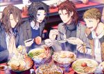  2018 4boys :d black_hair black_jacket black_sweater blue_eyes brown_hair character_request chopsticks chromatic_aberration collared_shirt copyright_request cup dress_shirt drinking_glass egg food green_eyes grey_jacket jacket lobster long_sleeves looking_at_another matsuki_tou meat multiple_boys noodles open_clothes open_jacket open_mouth parted_lips praying ramen red_eyes red_hair shirt sitting smile spoon sweater table turtleneck turtleneck_sweater water white_shirt 