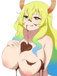  1girl :p bare_shoulders blonde_hair blue_hair breasts chocolate closed_mouth collarbone dragon_horns eyebrows_visible_through_hair felipe_godoy gradient_hair green_eyes green_hair heterochromia horns huge_breasts kobayashi-san_chi_no_maidragon long_hair looking_at_viewer multicolored_hair nipples nude puffy_nipples purple_eyes quetzalcoatl_(maidragon) simple_background solo tongue tongue_out unusual_pupils upper_body white_background yellow_eyes 