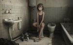  absurdres bathroom bathtub black_hair highres original removing_sock shion_(mirudakemann) short_hair shorts sitting socks tank_top tile_floor tile_wall tiles toilet 