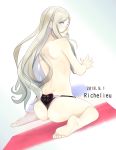  1girl ass barefoot blonde_hair blue_eyes commentary_request dated french_flag from_behind gradient gradient_background hair_between_eyes highres kantai_collection long_hair panties pink_lips richelieu_(kantai_collection) sitting smile soles solo title topless underwear velchi wariza white_background 