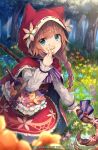  1girl animal_ears animal_hood basket blue_flower blurry blurry_foreground bottle brown_flower character_request cloak closed_mouth commentary_request day depth_of_field flower frilled_skirt frills grimms_echoes holding holding_flower holding_staff hood hood_up hooded_cloak kneeling long_sleeves outdoors pantyhose pink_flower purple_flower red_cloak red_skirt ribbon_trim roll_okashi shirt skirt sleeves_past_wrists smile solo staff standing tree watermark white_legwear white_shirt wine_bottle yellow_flower 