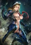  1girl ann_weying blonde_hair breasts claws green_eyes highres jumping large_breasts lips long_hair looking_at_viewer night nipples nudtawut_thongmai outdoors pussy rain saliva she-venom smile solo spider-man_(series) spread_legs symbiote teeth toned tongue tongue_out uncensored 