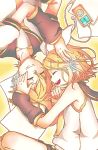  anniversary armpits bare_shoulders bass_clef blonde_hair bow brother_and_sister collarbone detached_sleeves digital_media_player earphones grin hair_bow hair_ornament hairclip hand_on_another&#039;s_cheek hand_on_another&#039;s_face hand_on_another&#039;s_head happy head_to_head headphones headset heart kagamine_len kagamine_rin laughing lying nail_polish on_back on_side papers petting reifuji sailor_collar shirt short_hair shorts siblings sleeveless sleeveless_shirt smile treble_clef twins vocaloid yellow_background yellow_nails 