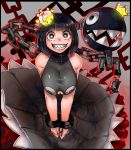  absurdres bananaconductor black_dress black_hair bob_cut breasts broken broken_chain chain chain_chomp chains cleavage_cutout cuffs dress grin highres huge_filesize large_breasts looking_at_viewer princess_chain_chomp shackles sharp_teeth smile super_crown teeth 