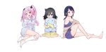  3girls :d barefoot black_hair blue_hair bow camisole doll_hug from_side green_eyes hair_between_eyes hair_ornament kneehighs kuroki_tomoko looking_at_viewer looking_to_the_side loungewear low_twintails multiple_girls nemoto_hina no_shoes official_art open_mouth pajamas pants pink_eyes pom_pom_(clothes) purple_camisole purple_eyes purple_shorts shorts simple_background smile striped striped_hoodie striped_shorts stuffed_toy tamura_yuri tanigawa_nico twintails two_side_up watashi_ga_motenai_no_wa_dou_kangaetemo_omaera_ga_warui! white_background white_legwear yellow_pajamas 