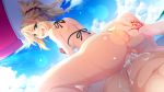  1boy 1girl ass beach bikini bikini_top blonde_hair blush bottomless command_spell cum cum_in_pussy fate/grand_order fate_(series) game_cg green_eyes mordred_(fate)_(all) mordred_(swimsuit_rider)_(fate) ponytail red_bikini reverse_cowgirl_position sex st.germain-sal straddling summer sweat swimsuit youta 