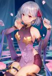  1girl artist_name bangs bare_shoulders blush breasts closed_mouth detached_sleeves dress earrings fate/grand_order fate_(series) hair_between_eyes hair_ribbon jewelry kama_(fate/grand_order) looking_at_viewer medium_breasts petals purple_skirt red_eyes ribbon short_hair silver_hair sitting skirt smile solo thigh_strap thighhighs thighs water yume_ou 