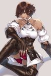  1girl arm_support bangs bare_shoulders blue_eyes boots breasts brown_footwear brown_gloves brown_hair closed_mouth collarbone commentary_request dark_skin elbow_gloves final_fantasy final_fantasy_xiv fingerless_gloves fingernails gloves halterneck highres lips makimura_shunsuke medium_breasts mole mole_under_eye panties red_skirt shadow short_hair simple_background siting skirt sleeveless solo thigh_boots thighhighs underwear white_panties 