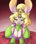  3_eyes all_fours anthro blush breasts cleavage clothed clothing female hair hi_res horn hybrid lagomorph leporid looking_at_viewer mammal multi_eye open_mouth priscillia rabbit solo thick_thighs xilrayne 