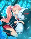  1girl absurdres bear_hair_ornament black_choker black_footwear black_jacket blue_eyes boots bow breasts choker cleavage collarbone commentary danganronpa danganronpa_1 english_commentary enoshima_junko grin hair_ornament heterochromia highres hug jacket long_hair medium_breasts monokuma necktie object_hug pink_hair pleated_skirt reenoah ribbon school_uniform shoe_ribbon skirt sleeves_rolled_up smile twintails 