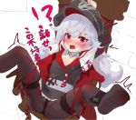  1girl azur_lane black_headwear black_jacket black_legwear blush cape closed_mouth dikko eyebrows_visible_through_hair full_body fur-trimmed_cape fur_trim graf_zeppelin_(azur_lane) grey_skirt hair_between_eyes hat highres jacket long_hair long_sleeves looking_at_viewer panties panties_under_pantyhose pantyhose pleated_skirt red_cape red_eyes silver_hair skirt solo tears underwear very_long_hair white_cape zeppelin-chan_(azur_lane) 