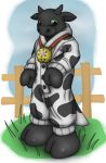  2017 ambiguous_gender anthro bell bodysuit bovid bovine button_(fastener) clothed clothing digital_media_(artwork) fence fully_clothed grass kigurumi mammal mask onesie outside paddy_(artist) portrait rubber shy skinsuit sweat tight_clothing 