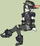  1boy alvin_(polynian) black_hair closed_mouth doll_joints green_background hair_between_eyes hat legs_crossed looking_at_viewer naikai_(user_thwt4524) necktie red_eyes robot robot_neoanthropinae_polynian simple_background smile solo 