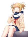  1girl bangs blonde_hair blue_skirt blunt_bangs blush boku_no_hero_academia cardigan double_bun fangs highres knife long_sleeves noven open_mouth school_uniform serafuku short_hair simple_background sitting skirt smile solo teeth toga_himiko white_background yellow_cardigan yellow_eyes 