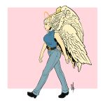  1:1 2018 angel belt bigmsaxon border clothing feathered_wings feathers female footwear full-length_portrait head_wings hi_res humanoid orange_eyes pants pink_background portrait shoes simple_background sleeveless sleeveless_shirt standing walking white_border wings yellow_sclera 