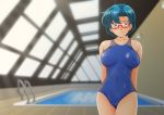  1girl arms_behind_back backlighting bishoujo_senshi_sailor_moon blue_eyes blue_hair blue_swimsuit blush breasts breasts_apart cameltoe closed_mouth collarbone competition_swimsuit covered_navel covered_nipples cowboy_shot dutch_angle earrings erect_nipples formal glasses jewelry large_breasts looking_at_viewer mizuno_ami nanashi_noiji one-piece_swimsuit red-framed_eyewear rei_no_pool semi-rimless_eyewear short_hair smile solo standing suit swimsuit tareme 
