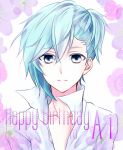  1boy blue_eyes blue_hair character_name commentary_request eyebrows_visible_through_hair face floral_background floral_print flwoer hair_between_eyes happy_birthday highres looking_at_viewer male_focus medium_hair mikaze_ai shiki925 shirt solo uta_no_prince-sama white_background white_shirt 