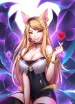  1girl ahri animal_ears bare_shoulders blonde_hair breasts cleavage commentary english_commentary facial_mark fangs fingernails fox_ears fox_tail heart highres k/da_(league_of_legends) kumiho large_breasts league_of_legends long_hair looking_at_viewer multiple_tails nail_polish pink_nails reizdrawing sharp_fingernails signature smile solo tail whisker_markings yellow_eyes 