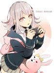  1girl al_(arupaka) animal_ears backpack bag beige_skirt cat_bag character_name commentary_request danganronpa flipped_hair hair_ornament hairclip handheld_game_console holding hood hoodie jacket long_sleeves looking_at_viewer monomi_(danganronpa) nanami_chiaki pink_eyes pink_hair pink_ribbon ribbon shirt short_hair skirt super_danganronpa_2 white_shirt 