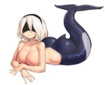  1girl ass borvar breasts covered dolphin_tail eyes_closed hand_on_own_chest headband highres large_breasts mermaid monster_girl monsterification nier_(series) nier_automata white_background white_hair yorha_no._2_type_b 