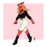  1:1 bigmsaxon boots border bracelet breasts cleavage clothed clothing demon fangs female footwear hair hi_res high_heels horn humanoid jewelry orange_hair orange_sclera pants pink_background red_eyes red_skin shoes simple_background smile walking white_border 