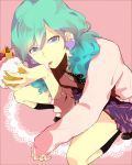  1boy aqua_eyes aqua_hair black_legwear brown_footwear commentary_request cream crossdressing earrings eyebrows_visible_through_hair food from_above fruit heart heart_earrings highres holding holding_food jewelry kneehighs licking long_hair looking_at_viewer male_focus mikaze_ai necktie pink_skirt pink_sweater polka_dot polka_dot_neckwear shoes skirt sleeves_past_wrists solo sweater tongue tongue_out uta_no_prince-sama uz_saba 