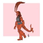  1:1 arthropod bigmsaxon border clothing crustacean female full-length_portrait hair hi_res humanoid marine monster orange_sclera pink_background portrait red_hair rust_monster shorts simple_background sleeveless_shirt smile walking white_border yellow_eyes 