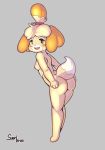  animal_crossing anthro barefoot blonde_hair blush blush_stickers breasts brown_eyes buckteeth butt canid canine canis compression_artifacts domestic_dog female full-length_portrait fur grey_background hair happy hi_res isabelle_(animal_crossing) jingle_bell leaning leaning_forward looking_back mammal nintendo nipples nude open_mouth paws portrait rear_view shih_tzu short_hair simple_background small_breasts smile solo standing suenbroe teeth topknot toy_dog video_games yellow_fur 