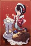  1girl 2019 animal animal_ears apron blanco026 blue_eyes boar brown_hair chinese_zodiac chopsticks commentary cushion extra_ears floral_print flower food grill grilling hair_flower hair_ornament highres holding holding_chopsticks japanese_clothes kimono kneeling long_sleeves looking_at_viewer maid_headdress multicolored_hair nengajou new_year open_mouth original red_background red_kimono sandals smile solo streaked_hair tabi tofu two-tone_hair wa_maid white_hair wide_sleeves wooden_floor year_of_the_pig 