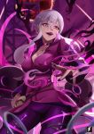  1girl ben_10 breasts charmcaster choker cleavage despair_wing erect_nipples large_breasts lipstick long_hair makeup open_mouth purple_eyes purple_lips silver_hair smile solo 