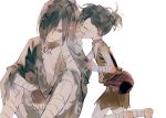  1boy 1girl androgynous bag bandage bandaged_arm bandaged_leg bandages black_hair chin_rest choker commentary_request dororo_(character) dororo_(tezuka) grey_eyes grin hair_over_one_eye hyakkimaru_(dororo) japanese_clothes kneeling one_eye_closed ponytail red_choker red_neckwear simple_background sitting smile syokuuuuuuuuumura whispering white_background 