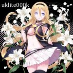  1girl black_background blonde_hair blue_eyes breasts cleavage collar flower hairband highres holding holding_flower large_breasts lily_(flower) lily_(vocaloid) long_hair looking_at_viewer midriff navel parted_lips skirt solo thighhighs twitter_username very_long_hair vest vocaloid yuuki_kira 