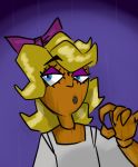  animate_inanimate blonde_hair clothing eyebrows flat_chested gesture goosebumps hair hair_bow hair_ribbon not_furry open_mouth puppet purple_background raised_eyebrows ribbons sharp_teeth simple_background spinater suggestive suggestive_gesture teeth wood 